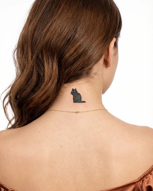 INKY Cute Cat semi-permanent tattoo applied on a woman – 2 x 2 in (4x4 cm) design, realistic ink look, lasts 10 days