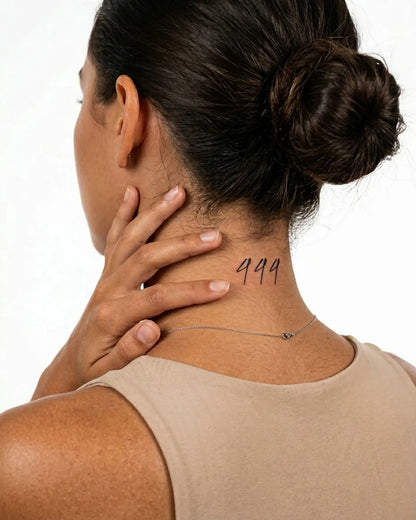 INKY Angel 444 semi-permanent tattoo applied on a woman – 2 x 2 in (4x4 cm) design, realistic ink look, lasts 10 days