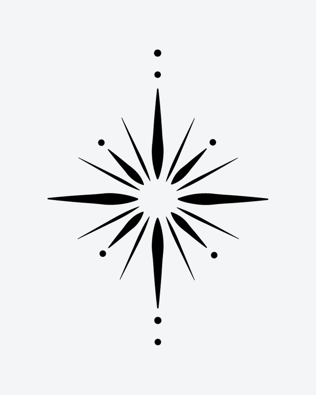Starburst 2 semi-permanent tattoo design by INKY – Starburst, Compass, Geometric illustration, 0.5 x 0.5 in (1x1 cm), available at inkytatt.com