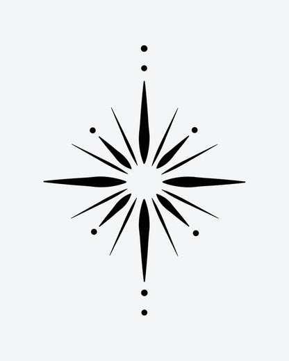 Starburst 2 semi-permanent tattoo design by INKY – Starburst, Compass, Geometric illustration, 0.5 x 0.5 in (1x1 cm), available at inkytatt.com