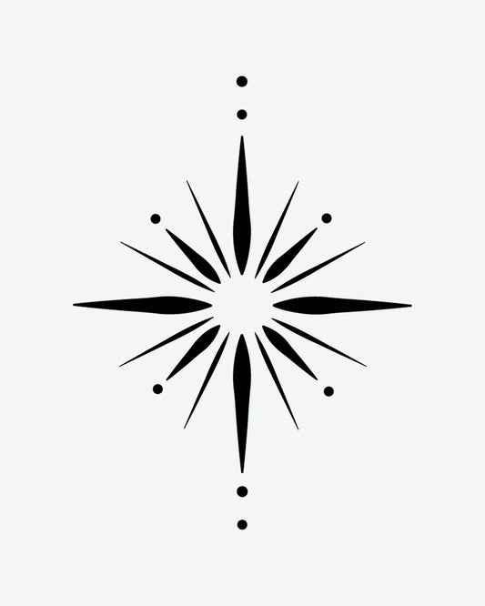 Starburst 2 semi-permanent tattoo design by INKY – Starburst, Compass, Geometric illustration, 0.5 x 0.5 in (1x1 cm), available at inkytatt.com