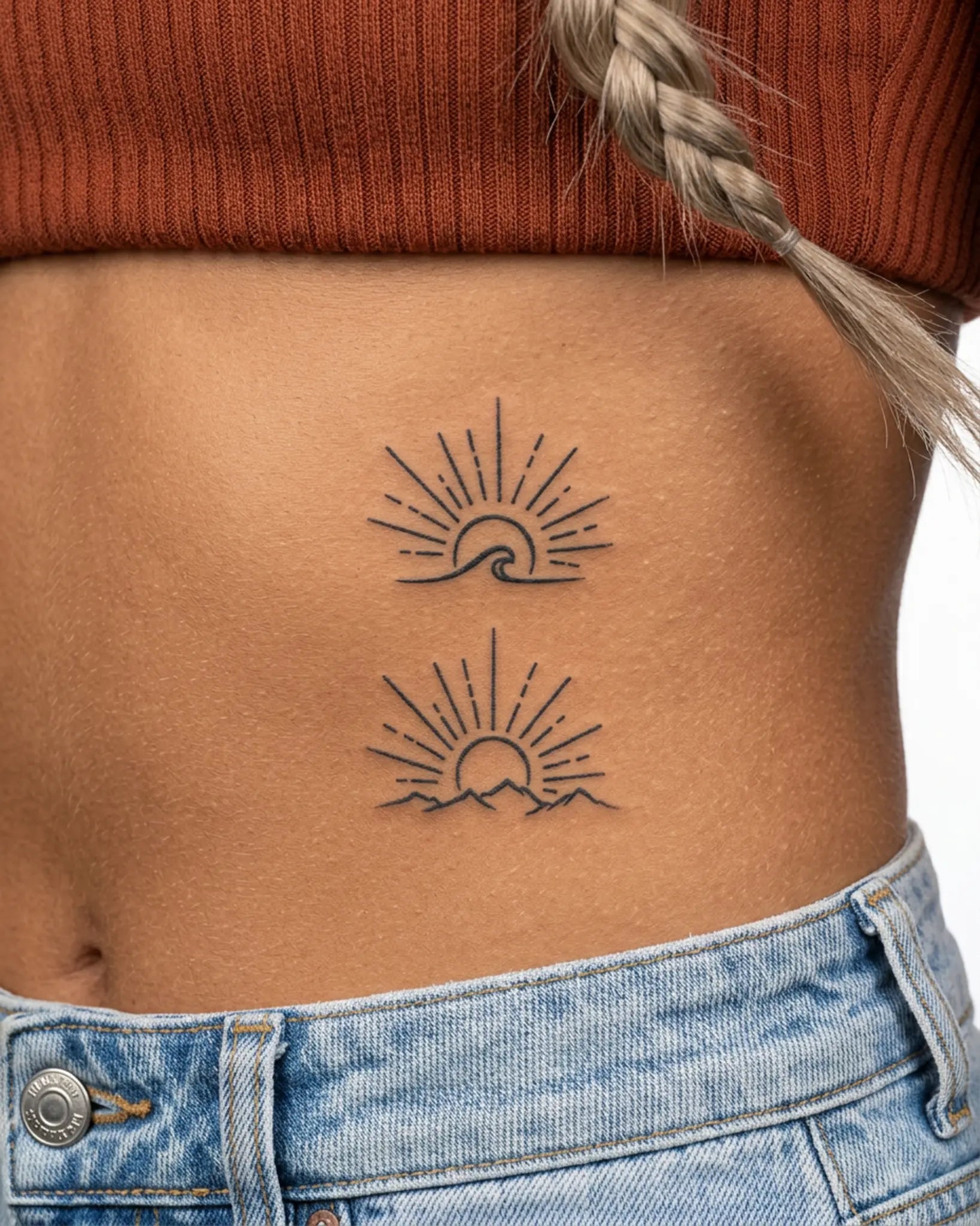 INKY Rise & Set semi-permanent tattoo applied on a woman – 3 x 4 in (7x10 cm) design, realistic ink look, lasts 10 days