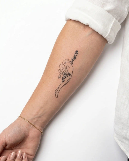 INKY Inner Bloom 2 semi-permanent tattoo applied on a woman – 4 x 7 in (10x17 cm) design, realistic ink look, lasts 10 days