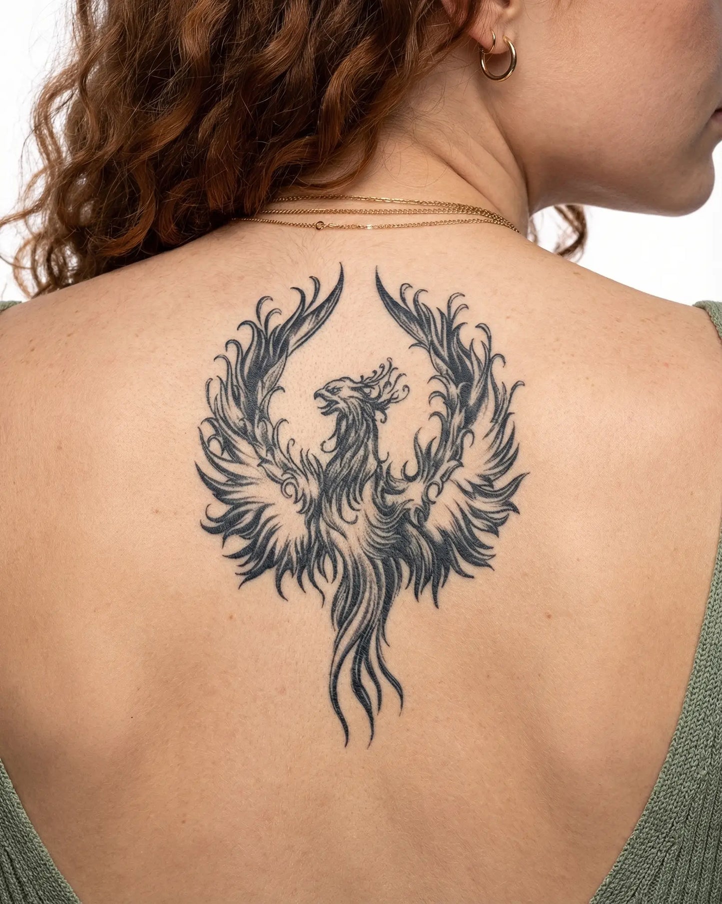 INKY Rising Phoeni semi-permanent tattoo applied on a woman – 4 x 8 in (11x20 cm) design, realistic ink look, lasts 10 days