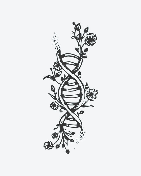 Bio Bloom semi-permanent tattoo design by INKY – Flower, Leaves, Vine, Dotwork, Hand illustration, 2 x 4 in (6x10 cm), available at inkytatt.com