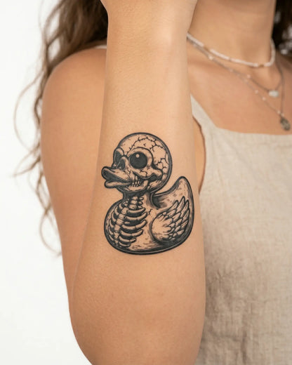INKY Skull Duck semi-permanent tattoo applied on a woman – 3 x 3 in (7x7 cm) design, realistic ink look, lasts 10 days