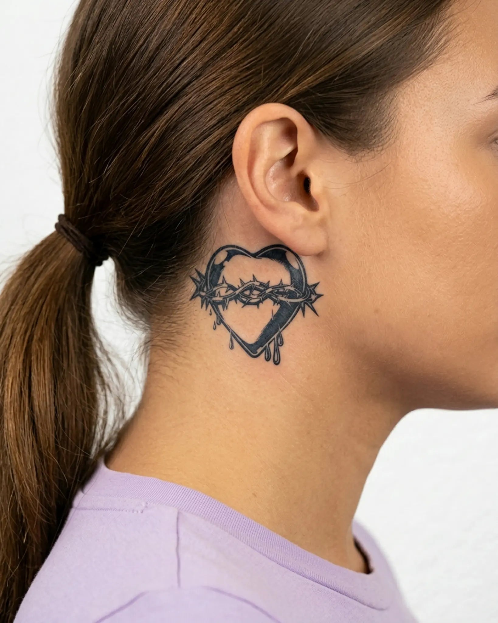 INKY Bleeding Hear semi-permanent tattoo applied on a woman – 2 x 2 in (4x4 cm) design, realistic ink look, lasts 10 days