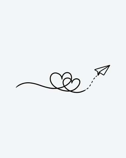 Love Flight semi-permanent tattoo design by INKY – Fine Line, Heart illustration, 2 x 2 in (4x4 cm), available at inkytatt.com