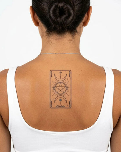 INKY Ace Pentacles semi-permanent tattoo applied on a woman – 2 x 4 in (6x10 cm) design, realistic ink look, lasts 10 days