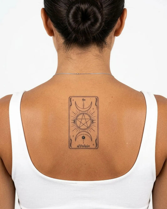 INKY Ace Pentacles semi-permanent tattoo applied on a woman – 2 x 4 in (6x10 cm) design, realistic ink look, lasts 10 days
