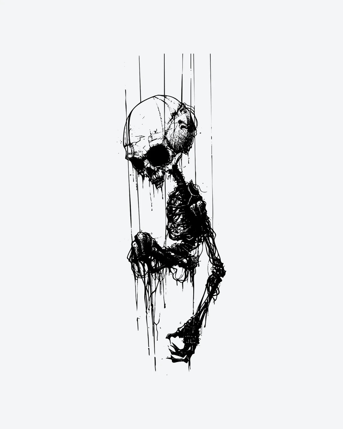 Puppet Skull semi-permanent tattoo design by INKY – Skull, Eye, Lines, Bone illustration, 2 x 4 in (6x10 cm), available at inkytatt.com