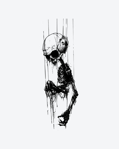 Puppet Skull semi-permanent tattoo design by INKY – Skull, Eye, Lines, Bone illustration, 2 x 4 in (6x10 cm), available at inkytatt.com