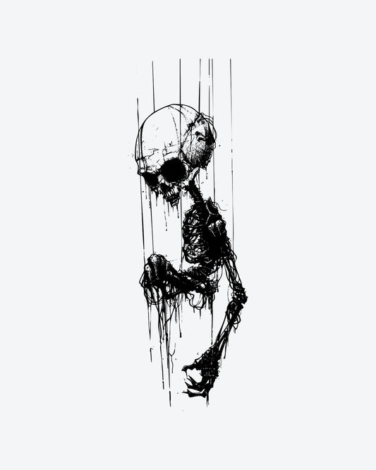 Puppet Skull semi-permanent tattoo design by INKY – Skull, Eye, Lines, Bone illustration, 2 x 4 in (6x10 cm), available at inkytatt.com