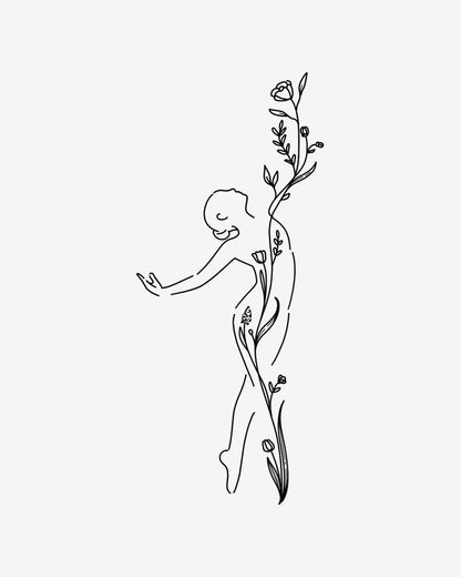 Bloom Form 2 semi-permanent tattoo design by INKY – Fine Line, Flower, Leaves, Vine, Bloom illustration, 4 x 7 in (10x17 cm), available at inkytatt.com