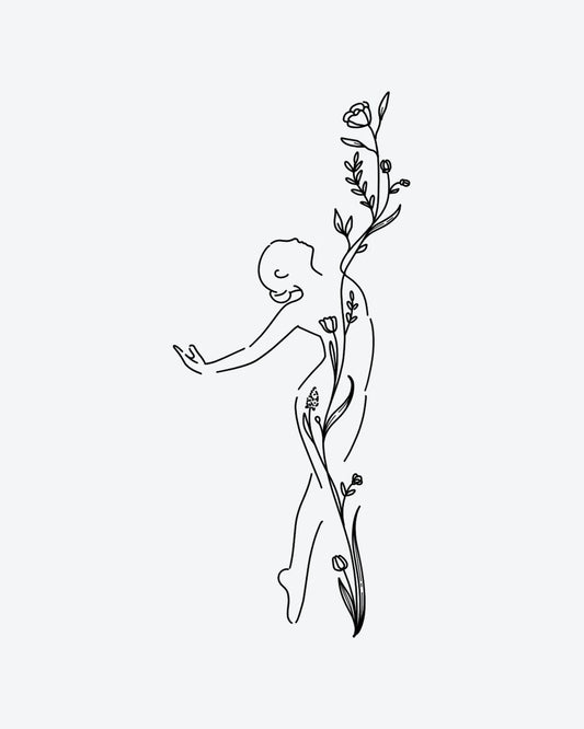 Bloom Form 2 semi-permanent tattoo design by INKY – Fine Line, Flower, Leaves, Vine, Bloom illustration, 4 x 7 in (10x17 cm), available at inkytatt.com