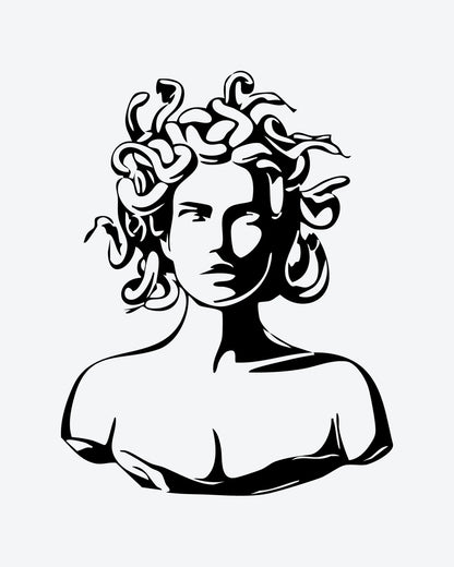 Medusa Art semi-permanent tattoo design by INKY – Snake, Statue illustration, 3 x 3 in (7x7 cm), available at inkytatt.com