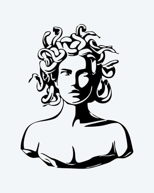 Medusa Art semi-permanent tattoo design by INKY – Snake, Statue illustration, 3 x 3 in (7x7 cm), available at inkytatt.com