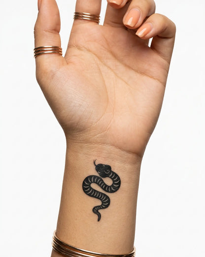 INKY Mystic Serpen semi-permanent tattoo applied on a woman – 2 x 2 in (4x4 cm) design, realistic ink look, lasts 10 days