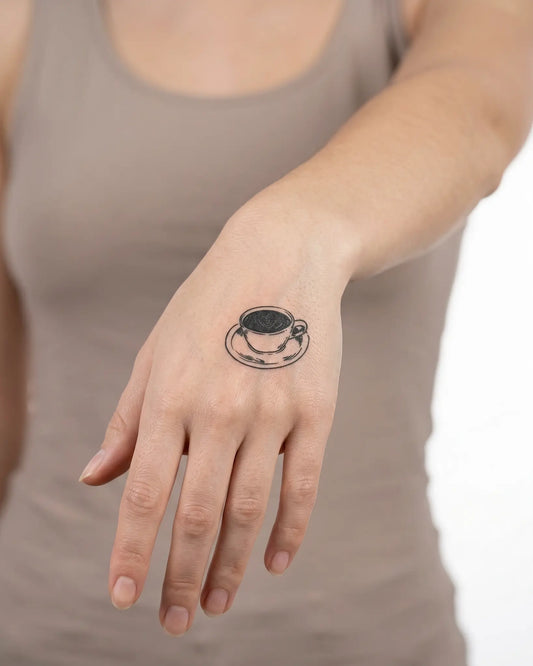 INKY Latte Love semi-permanent tattoo applied on a woman – 2 x 2 in (4x4 cm) design, realistic ink look, lasts 10 days
