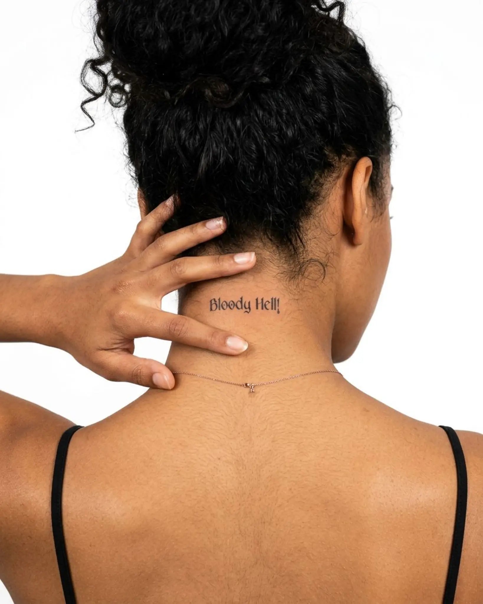 INKY Bloody Hell semi-permanent tattoo applied on a woman – 2 x 2 in (4x4 cm) design, realistic ink look, lasts 10 days