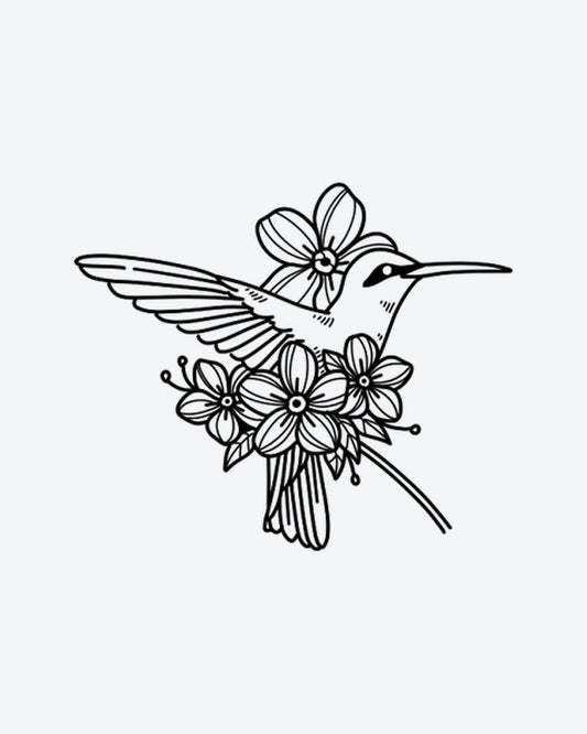 Humming Bloom 2 semi-permanent tattoo design by INKY – Fine Line, Flower, Leaves, Hummingbird illustration, 2 x 2 in (4x4 cm), available at inkytatt.com
