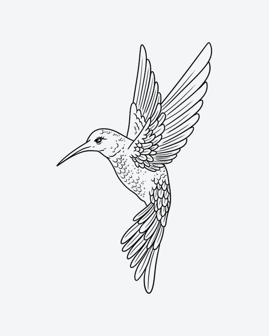 Hummingbird semi-permanent tattoo design by INKY – Fine Line, Bird, Feather, Wings, Hummingbird illustration, 2 x 4 in (6x10 cm), available at inkytatt.com