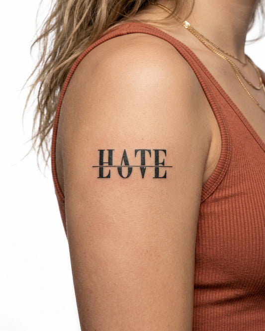 INKY Love Hate 2 semi-permanent tattoo applied on a woman – 2 x 4 in (6x10 cm) design, realistic ink look, lasts 10 days