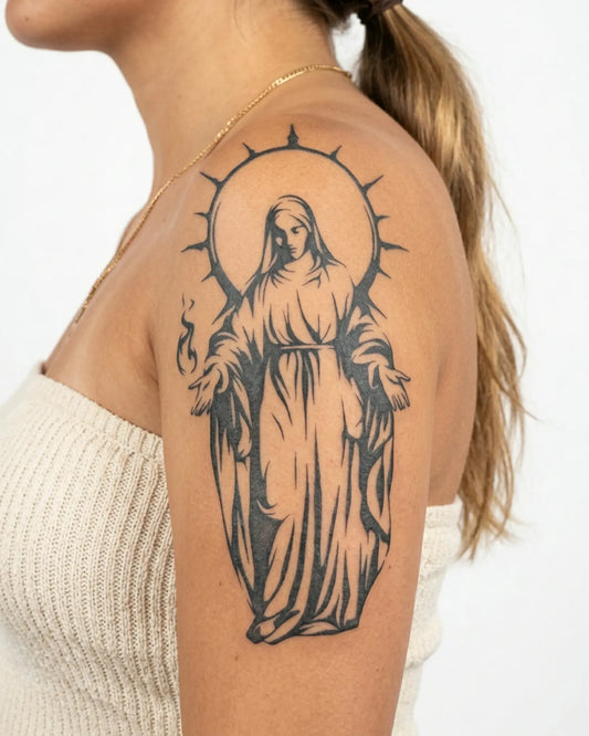 INKY Sacred Icon semi-permanent tattoo applied on a woman – 4 x 7 in (10x17 cm) design, realistic ink look, lasts 10 days