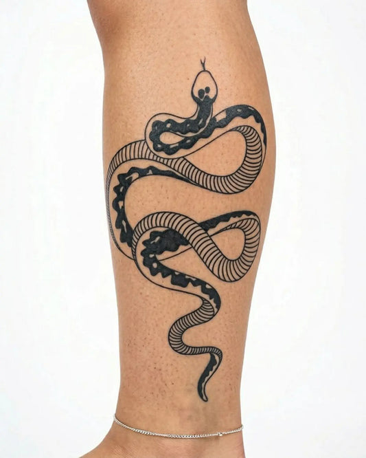 INKY Coiled Snake 2 semi-permanent tattoo applied on a woman – 4 x 7 in (10x17 cm) design, realistic ink look, lasts 10 days