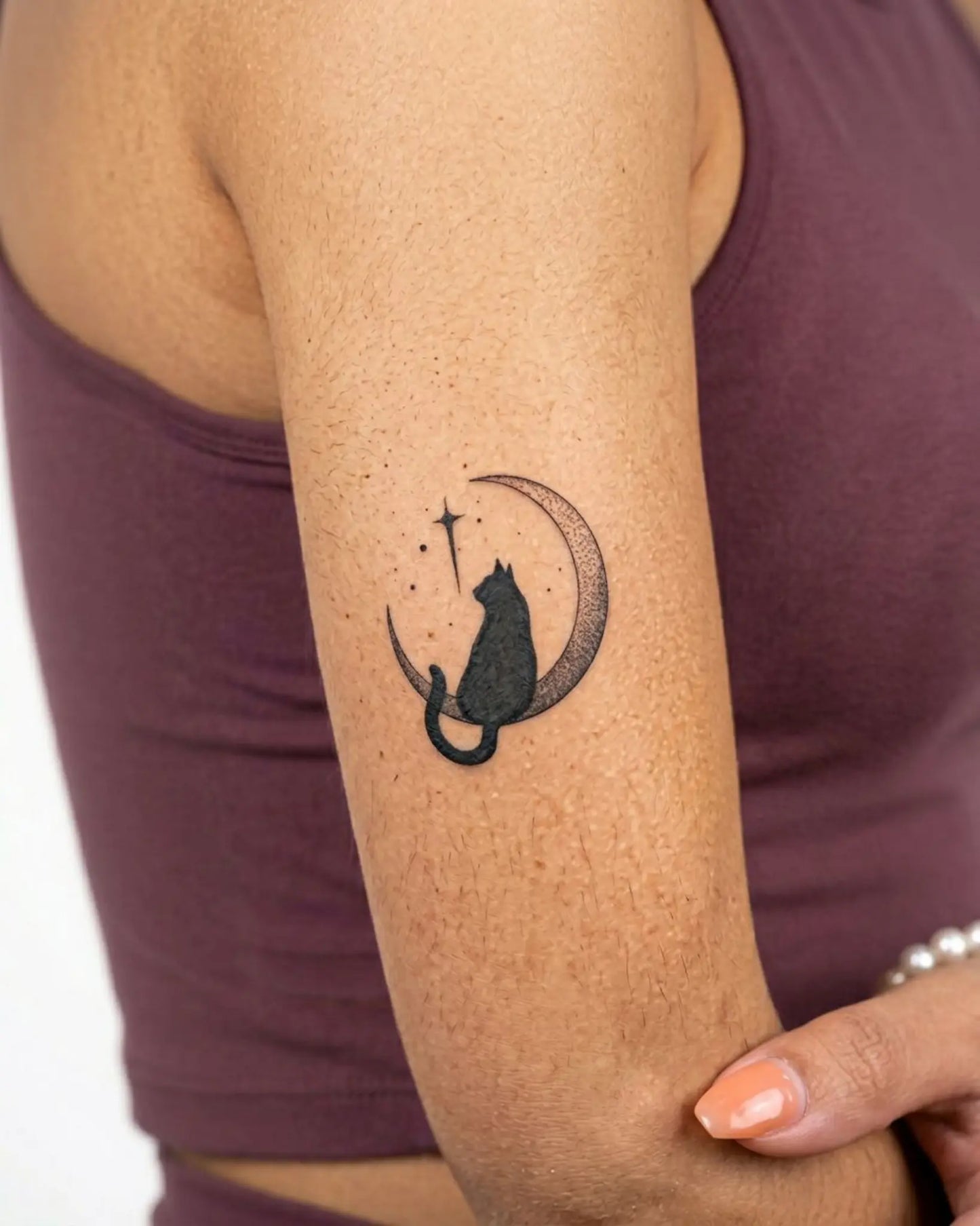 INKY Moon Cat semi-permanent tattoo applied on a woman – 3 x 3 in (7x7 cm) design, realistic ink look, lasts 10 days