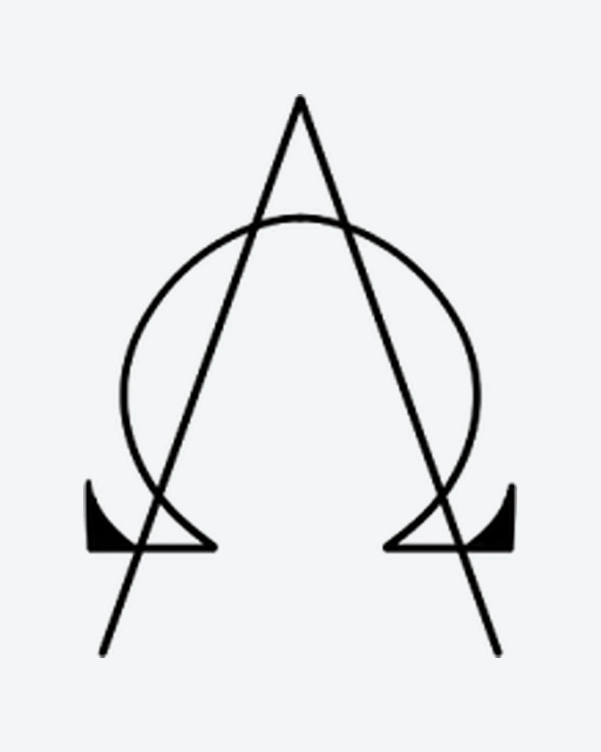 AlphaOmega semi-permanent tattoo design by INKY – Fine Line, Triangle, Circle, Geometric illustration, 2 x 2 in (4x4 cm), available at inkytatt.com