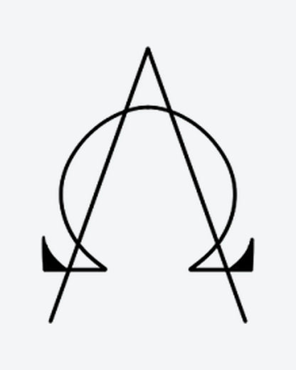 AlphaOmega semi-permanent tattoo design by INKY – Fine Line, Triangle, Circle, Geometric illustration, 2 x 2 in (4x4 cm), available at inkytatt.com