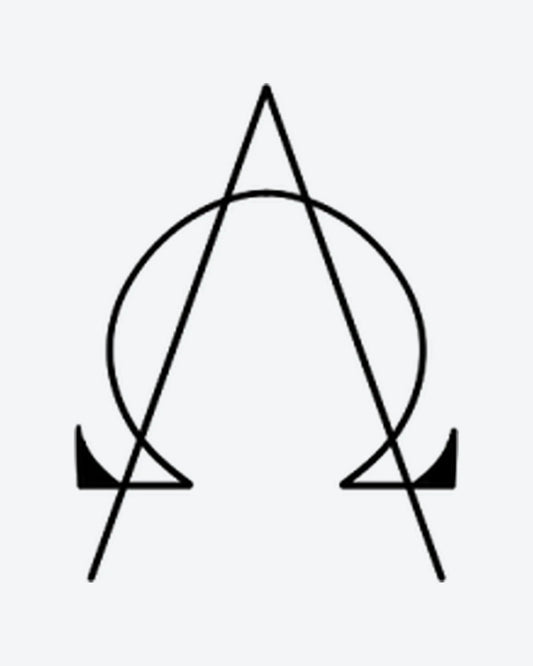 AlphaOmega semi-permanent tattoo design by INKY – Fine Line, Triangle, Circle, Geometric illustration, 2 x 2 in (4x4 cm), available at inkytatt.com
