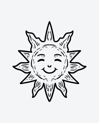 Happy Sun 3 semi-permanent tattoo design by INKY – Sun, Eye, Lines, Face illustration, 2 x 2 in (4x4 cm), available at inkytatt.com