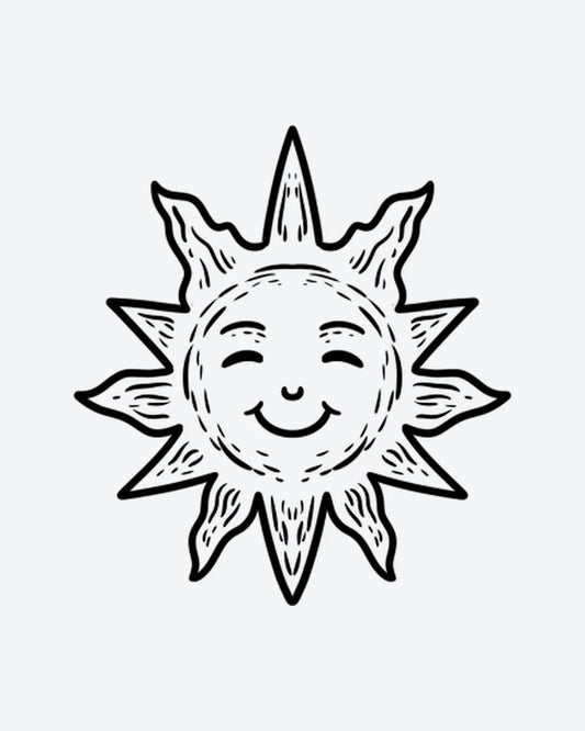 Happy Sun 3 semi-permanent tattoo design by INKY – Sun, Eye, Lines, Face illustration, 2 x 2 in (4x4 cm), available at inkytatt.com