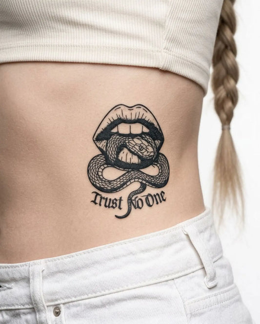 INKY Trust No One semi-permanent tattoo applied on a woman – 3 x 4 in (7x10 cm) design, realistic ink look, lasts 10 days
