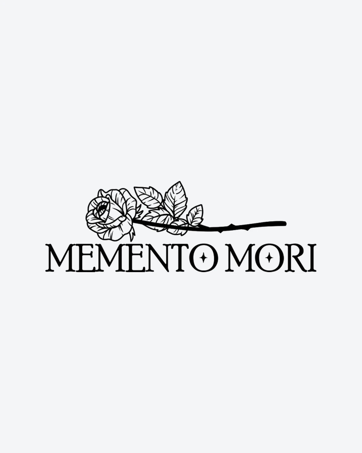 Memento Mori 2 semi-permanent tattoo design by INKY – Fine Line, Rose, Leaves, Starburst, Petal illustration, 2 x 4 in (6x10 cm), available at inkytatt.com