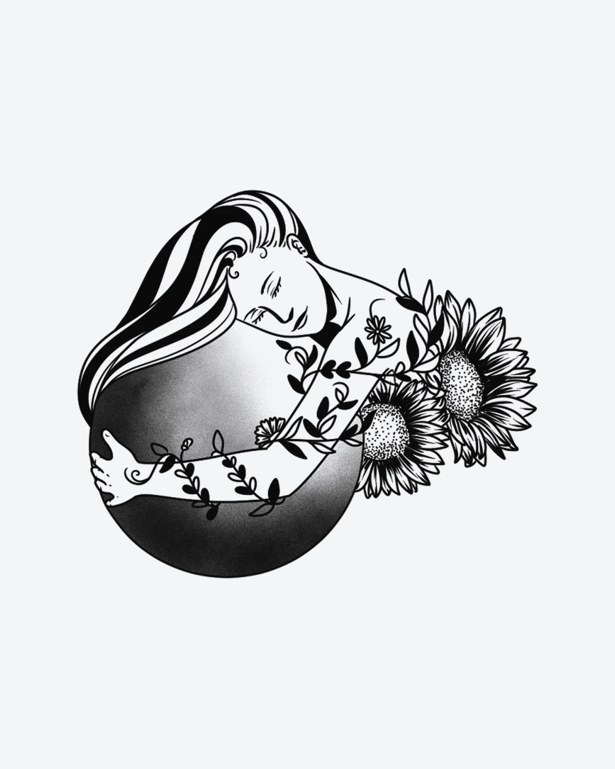 Nature Embrac semi-permanent tattoo design by INKY – Fine Line, Leaves, Vine, Sunflower, Dotwork illustration, 3 x 3 in (7x7 cm), available at inkytatt.com