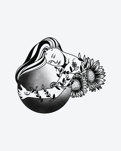 Nature Embrac semi-permanent tattoo design by INKY – Fine Line, Leaves, Vine, Sunflower, Dotwork illustration, 3 x 3 in (7x7 cm), available at inkytatt.com