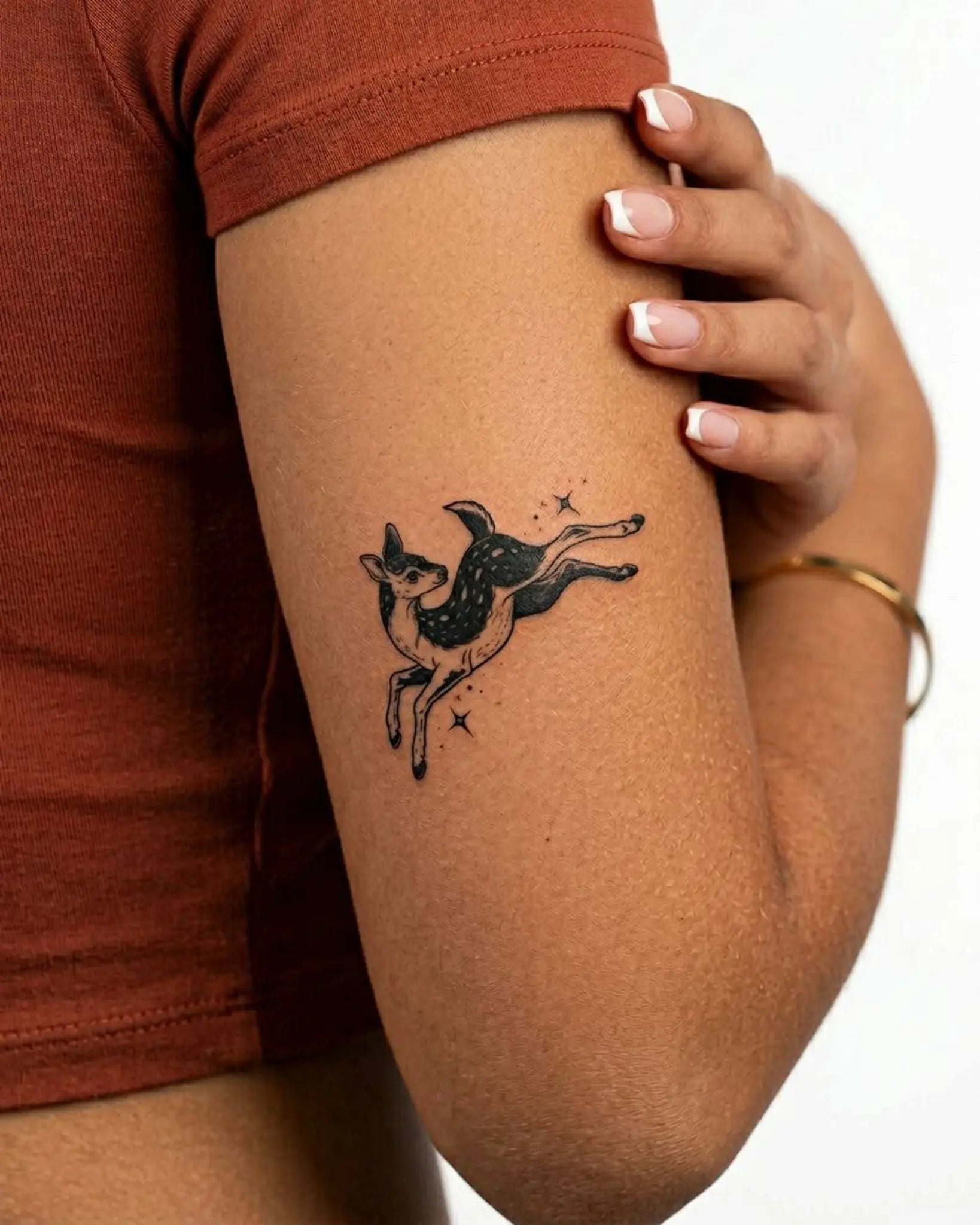 INKY Star Fawn semi-permanent tattoo applied on a woman – 3 x 3 in (7x7 cm) design, realistic ink look, lasts 10 days