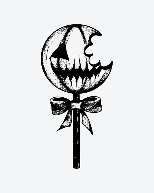 Spooky Pop semi-permanent tattoo design by INKY – Eye, Bow, Face, Lantern illustration, 2 x 4 in (6x10 cm), available at inkytatt.com