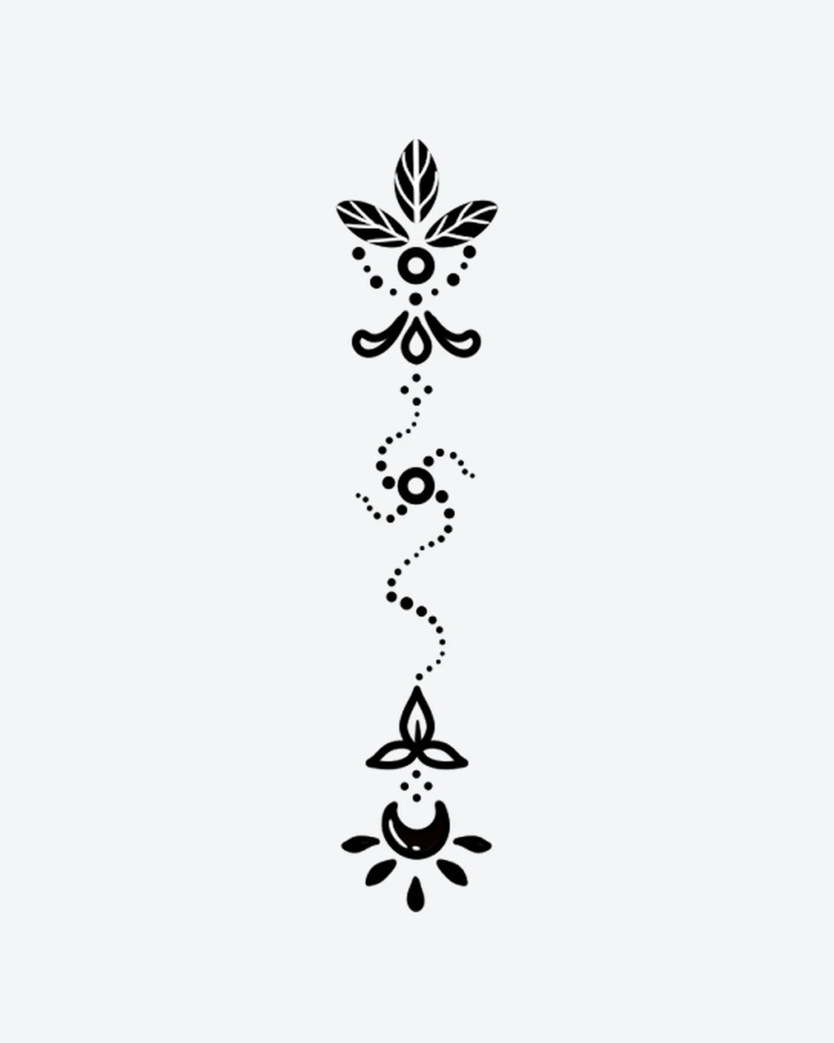 Celestial Pat semi-permanent tattoo design by INKY – Crescent Moon, Sun, Leaves, Spiral, Dotwork illustration, 2 x 4 in (6x10 cm), available at inkytatt.com