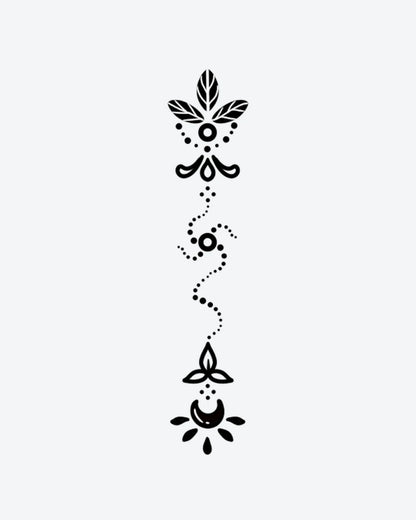 Celestial Pat semi-permanent tattoo design by INKY – Crescent Moon, Sun, Leaves, Spiral, Dotwork illustration, 2 x 4 in (6x10 cm), available at inkytatt.com