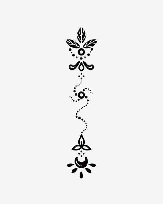 Celestial Pat semi-permanent tattoo design by INKY – Crescent Moon, Sun, Leaves, Spiral, Dotwork illustration, 2 x 4 in (6x10 cm), available at inkytatt.com