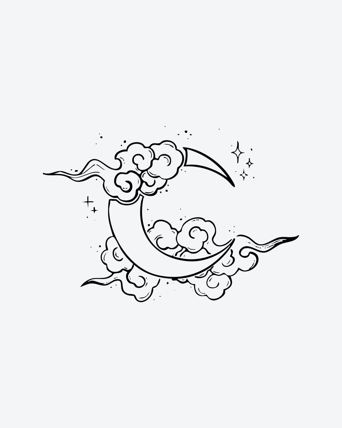 Cloud Moon semi-permanent tattoo design by INKY – Crescent Moon, Fine Line, Star, Cloud illustration, 2 x 2 in (4x4 cm), available at inkytatt.com