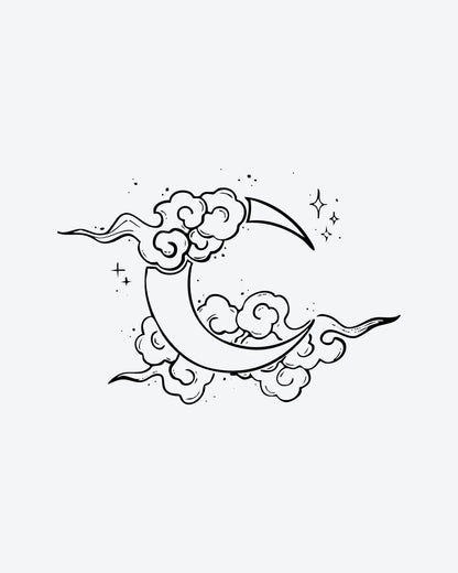 Cloud Moon semi-permanent tattoo design by INKY – Crescent Moon, Fine Line, Star, Cloud illustration, 2 x 2 in (4x4 cm), available at inkytatt.com