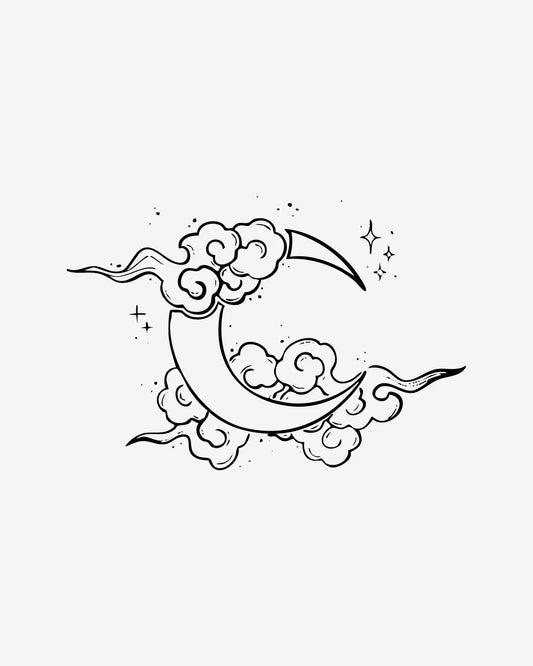 Cloud Moon semi-permanent tattoo design by INKY – Crescent Moon, Fine Line, Star, Cloud illustration, 2 x 2 in (4x4 cm), available at inkytatt.com