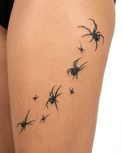 INKY Spider Swarm semi-permanent tattoo applied on a woman – 4 x 7 in (10x17 cm) design, realistic ink look, lasts 10 days