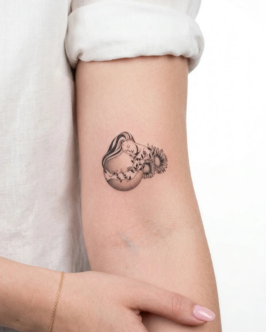 INKY Nature Embrac semi-permanent tattoo applied on a woman – 3 x 3 in (7x7 cm) design, realistic ink look, lasts 10 days