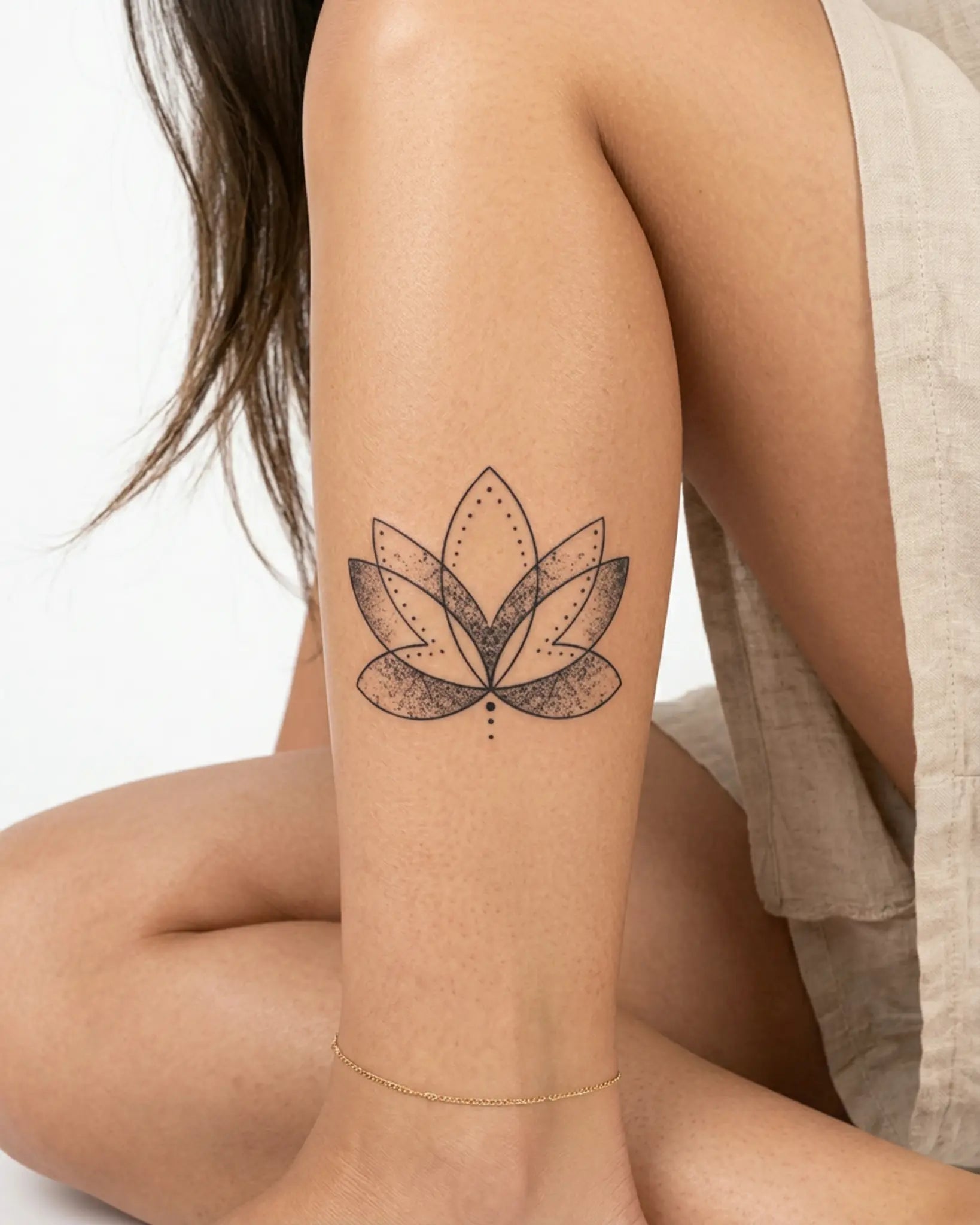 INKY Zen Lotus semi-permanent tattoo applied on a woman – 3 x 3 in (7x7 cm) design, realistic ink look, lasts 10 days